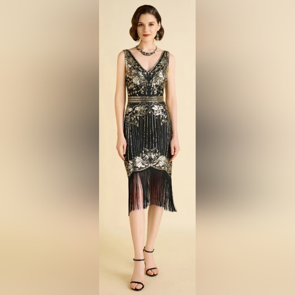 1920's Black Gold Opulent Floral Beaded Fringe Flapper Dress Cocktail Halloween